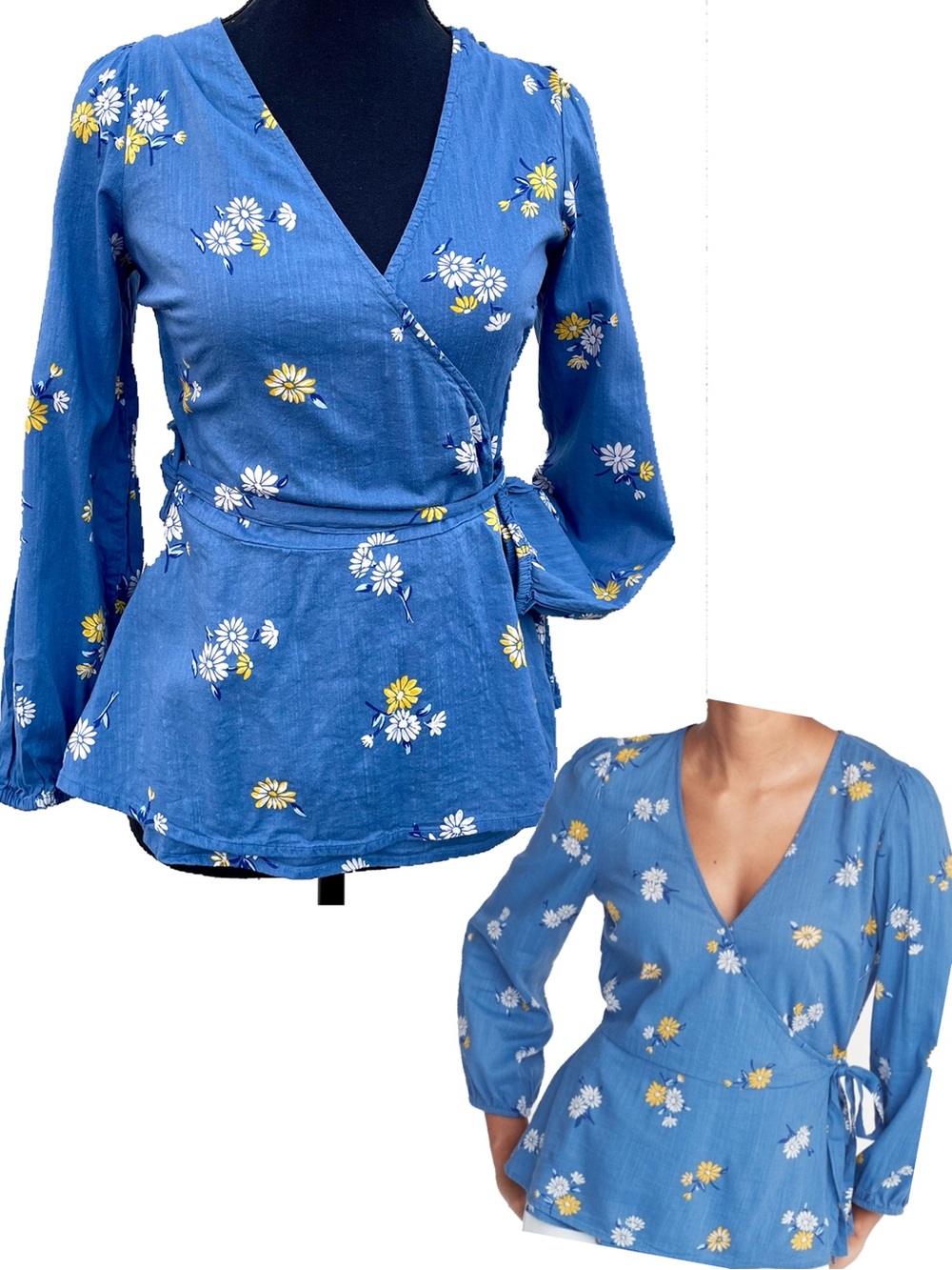 Summer Cotton Wrap Top Blue Floral Garden Earthy Cottagecore Fairy Small GUC